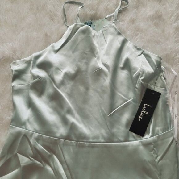 Lulus Mint Blue Satin Tiered Asymmetrical Midi Dress - Picture 5 of 14